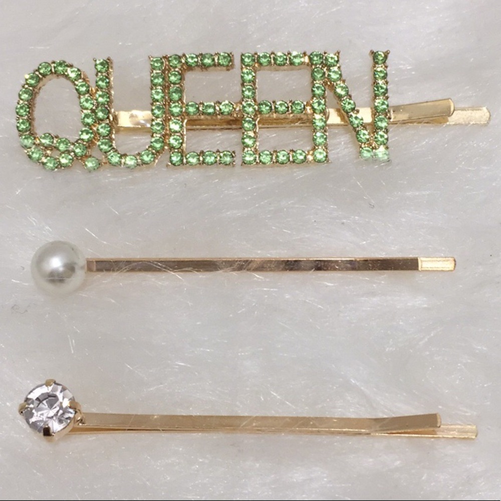 🌹3pc 3/$15 Peridot Green Rhinestones QUEEN Bobby Pins